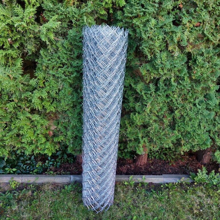 Ocynkowana siatka ogrodzeniowa zwinięta w rolkę, stojąca na trawniku przy tujach.